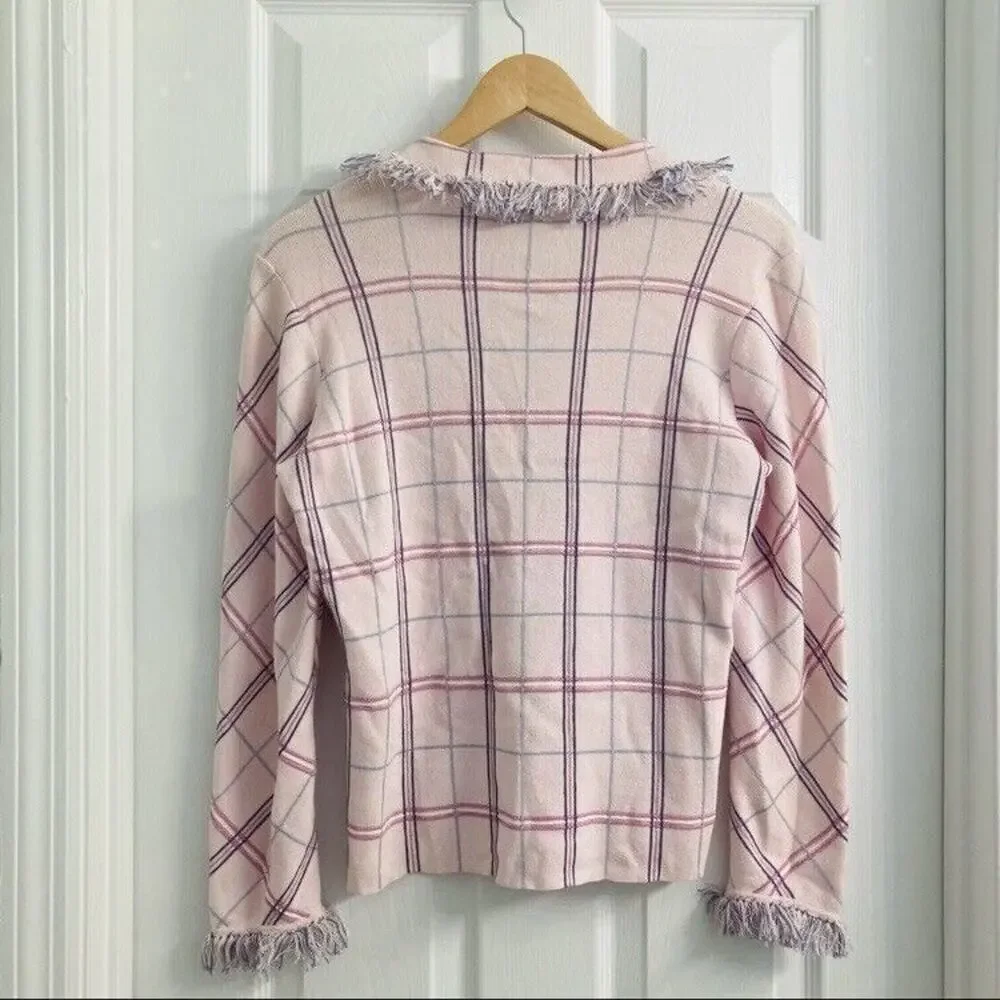 Vintage Cardigan Sweater Pink Purple Plaid Fringe Preppy Coquette Size Small